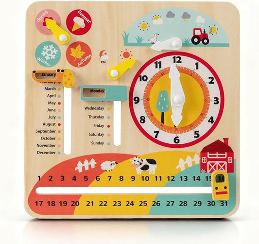 HONEY JOY Montessori Busy Board, Wooden Toddler Calendar w/Clock, Seasons, Weathers, Days, Weeks, Months, Sensory Fidget Activity Board for Fine Motor Skills, Travel Baby Learning Toys for Preschool