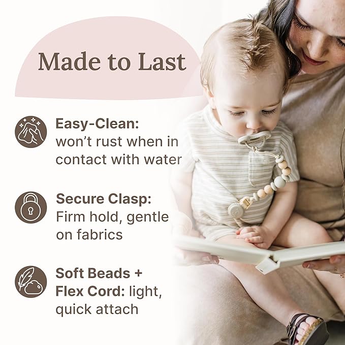 Silicone Pacifier Clip – Metal-Free, Rust-Free, 100% Food-Grade Silicone and Natural Beech Wood, Secure Pacifier Holder for Babies – Cloud - Mila & Lulu