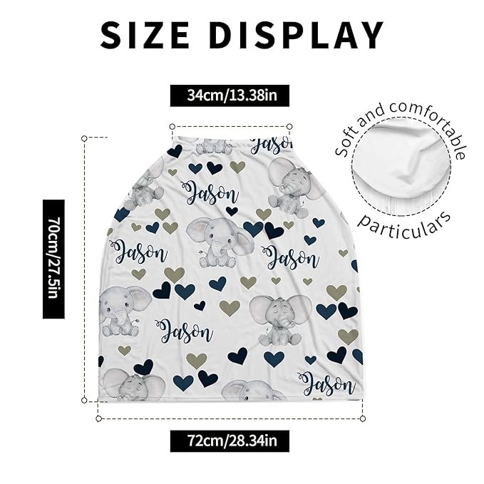 Personalized Baby Car Seat Cover Stroller Canopy: Custom Name Newborn Baby Boy Girl Elastic Elephant Love Nursing Cover for Moms First Birthday Gift Gray(one Size)