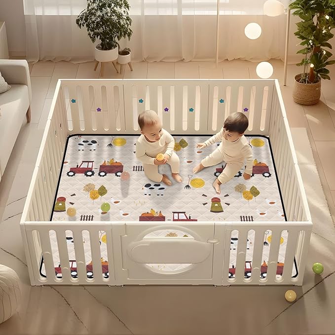 Baby Play Mat Cartoon Farm Cow Chicken Tractor 50 x 50 Playpen Mat Baby Play Mats for Floor Play Gym Crawling Mat Non-Slip Cushioned Baby Playmat for Infants, Babies, Toddlers