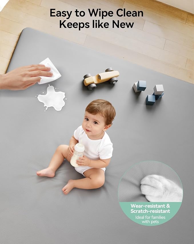 COMOMY Vegan Leather Baby Play Mats for Floor, 50 x 50 Play Mat for Playpen, Thickened High-Density Foam Playmats for Babies and Toddlers - Extra Soft and Resilient, Easy to Wipe Clean, Light Gray