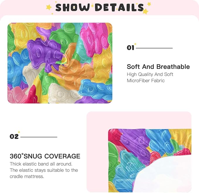 Baby Crib Sheet Colorful Sweet Jelly Bears Crib Mattress for Boys and Girls Gummy Candies Playard Sheet Soft Breathable Fitted Baby Mattress Cover 52x28in