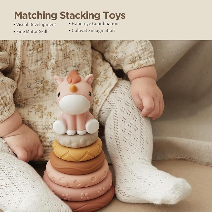 Nueplay Stacking Rings Toy for Baby Girls with Unicorn Topper – 6 Textured Sensory Rings, Squeaky Stacker Set in Pastel Colors, Gifts for 1 Year Old Girls, Baby Shower & Birthday Present