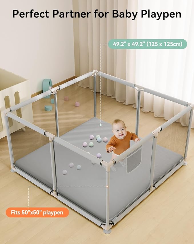 COMOMY Vegan Leather Baby Play Mats for Floor, 50 x 50 Play Mat for Playpen, Thickened High-Density Foam Playmats for Babies and Toddlers - Extra Soft and Resilient, Easy to Wipe Clean, Light Gray