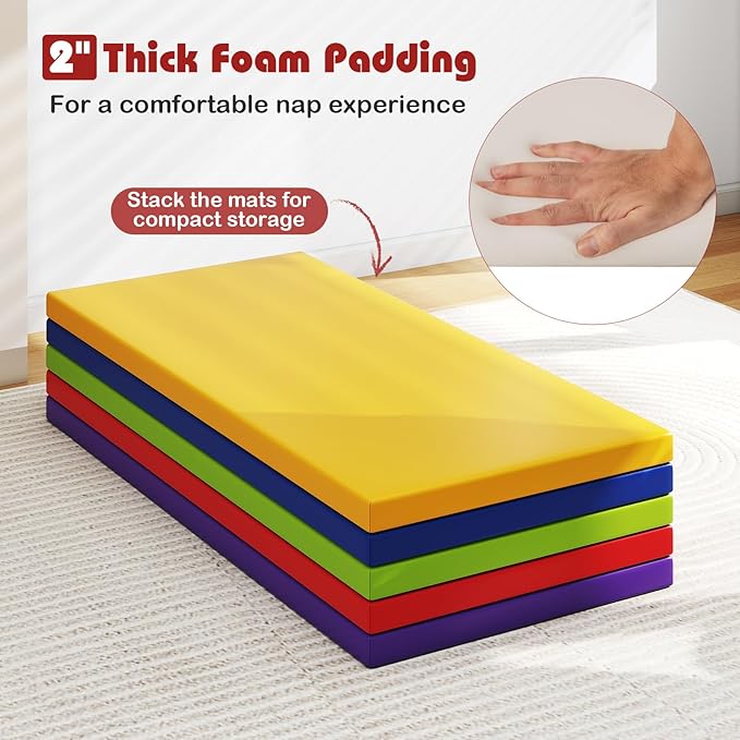 HONEY JOY Thick Daycare Rest Mats, 2-Inch Portable Toddler Floor Mat w/Name Tag Holders for Kids, Non-Folding Foam Napping Mat for Daycare Preschool Travel(5 Pack, Assorted)