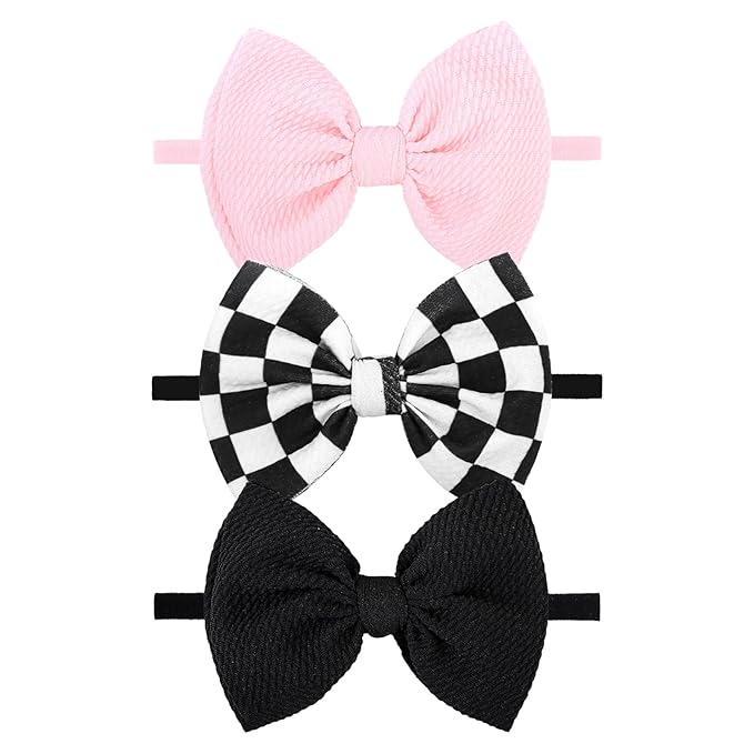 YanJie 3PCS 4.5’’ Checkered Bows for Baby Girls Headbands Pink Headband Black Hair Accessories for Girls Newborn Girl Clothes Baby Girl Outfits