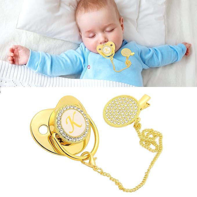 Baby Pacifier, Pacifier Curved Design 26 Letters Baby Pacifier with Chain Clips for Newborn (K)