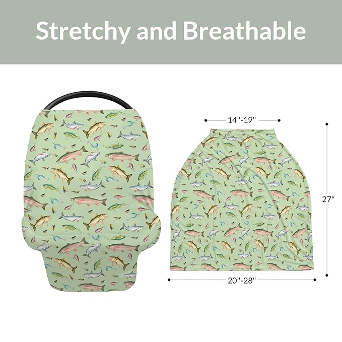 Fishing Baby Car Seat Covers Freshwater Fishes Lures Stretchy 5-in-1 Cover Adjustable Infant Carseat Canopy Cover Lake Outdoors Fishing Lovers Gift Breathable Nursing Cover-Up