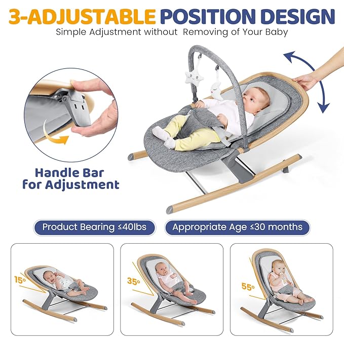Orzbow Baby Rocker Chair & Infant to Toddler Rocker with 3 Recline Positions, Includes Removable Play Bar & Mesh Cushion, Detachable and Foldable, Fits Newborn 0-30 Months Up to 40 lbs, Wood Grain