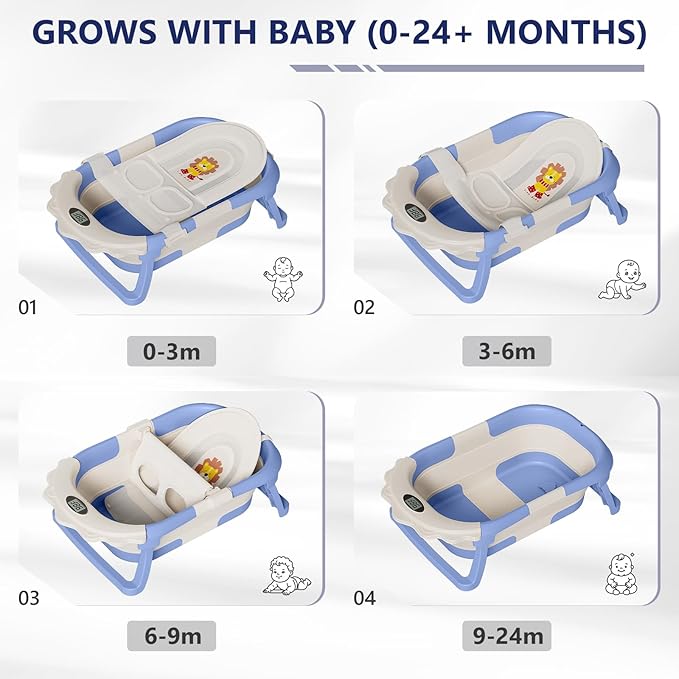 MoreFeel Foldable Baby Bathtub with Thermometer - 4-in-1 Grow-with-Me Collapsible Infant Tub (Newborn to Toddler) with Adjustable Mesh Sling - Space Saving Design