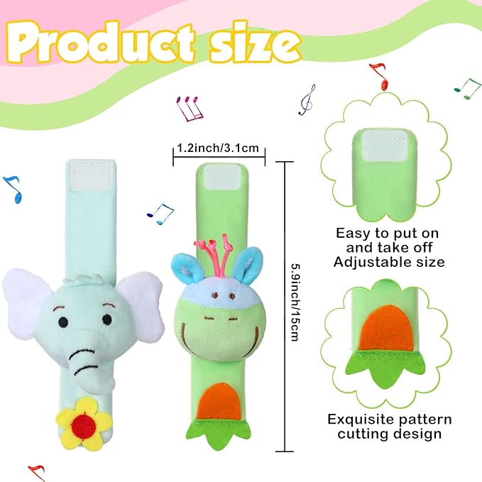 Jerify 4 Pcs Baby Wrist Rattles Animal Pattern Newborn Rattle Wrist Foot Toy for Babies Boy Girl Infant Birthday Gifts Educational Toys, 4 Designs