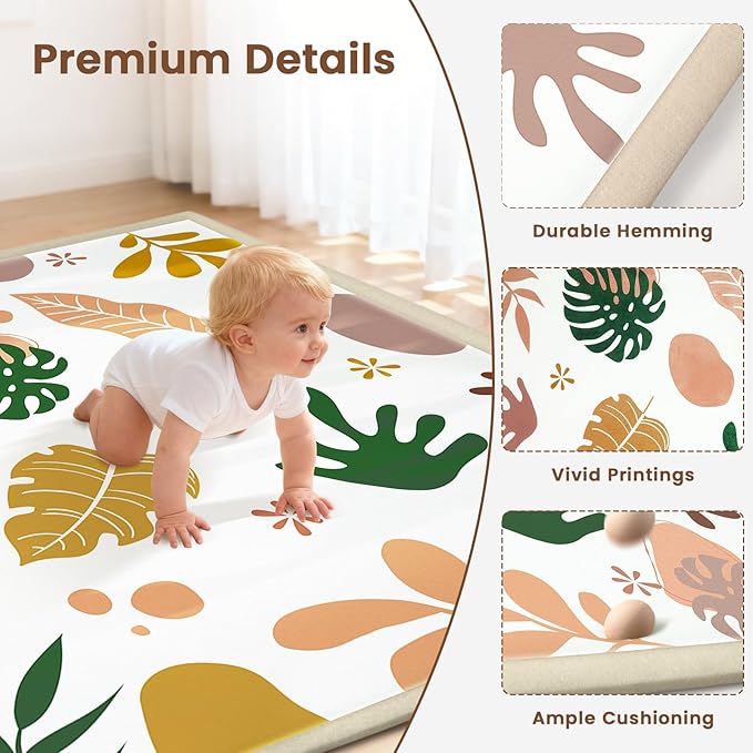 59"×71" Baby Play Mat for Floor & Playpen, 1.2" Thick High-Density Foam Nursery Mat for Tummy Time, Soft Plush Carpet with Non-Slip Bottom for Infant Toddler Baby Crawling & Playing (Boho)