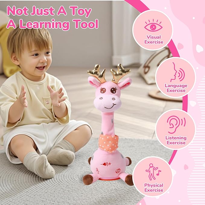 Dancing Giraffe Musical Plush Toy, Recording & Repeating Talking Giraffe Baby Toy for 6–12 Months, Interactive Singing Stuffed Animal, Birthday Gift for Grandkids Infants Toddlers(Pink)