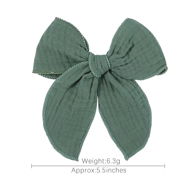 5.5 Inch Green Fable Hair Bow: Handmade Linen Cotton Hair Clip for Girls - 1 PCS
