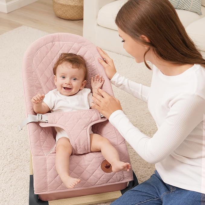 ANGELBLISS Baby Bouncer, Portable Bouncer Seat for Babies, Infants Bouncy Seat with Cotton Fabric, Natural Vibrations (Pink)