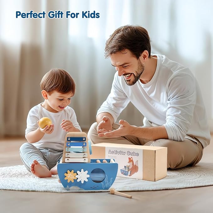 Promise Babe 5-in-1 Baby Wooden Activity Cube, Sea Ocean Montessori Toddler Toys for 1+ Year Old Boys Girls Gifts, Educational Learning Boat Toys for 1st Birthday Gifts for Kids