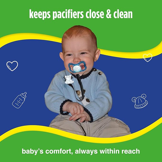 Baby Buddy Universal Pacifier Holder Clip -Snaps to Paci or Attach with Universal-Fit Silicone Ring, Pacifier Clip for Babies 4 Months and Up/Toddler Boys & Girls, Must Haves, White with Black Stitch