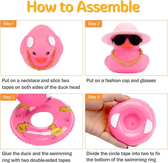 wonnu Car Accessories Rubber Ducks, Pink Dashboard Decorations, BGorange-strawhatyellow