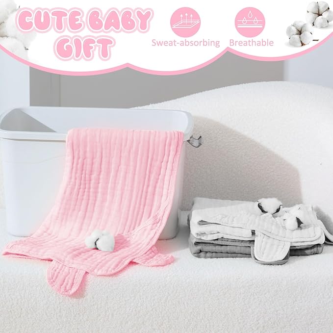 Preboun 6 Pcs Muslin Baby Hooded Towels Cotton Absorbent 6 Layers Cute Bath Toddler Towels for Newborn Kids Girl Infant Boys Toddler Shower Gift Supplies (Grey,Pink,White)