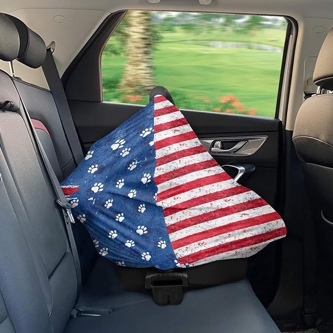 Binienty American Flag Baby Car Seat Covers,Dog Paw Print Baby Car Seat Covers Multi-use Carseat Canopy for Girls Boys, Women's Mom's Nursing Cover Breastfeeding Scarf