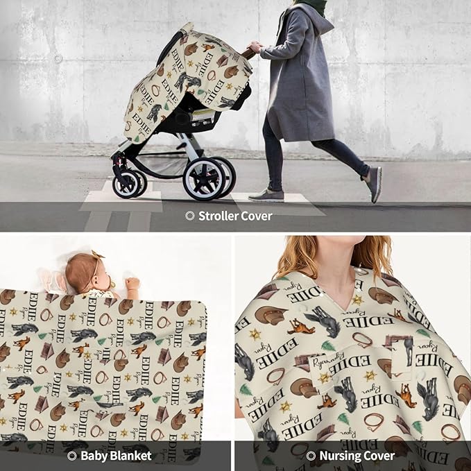 Personalized Baby Car Seat Canopy for Babies, Custom Name Cowboy Western Baby Car Seat Covers for Boys, Opening Minky Nursing Breastfeeding Cover for Infant, Carseat Canopies for Newborn