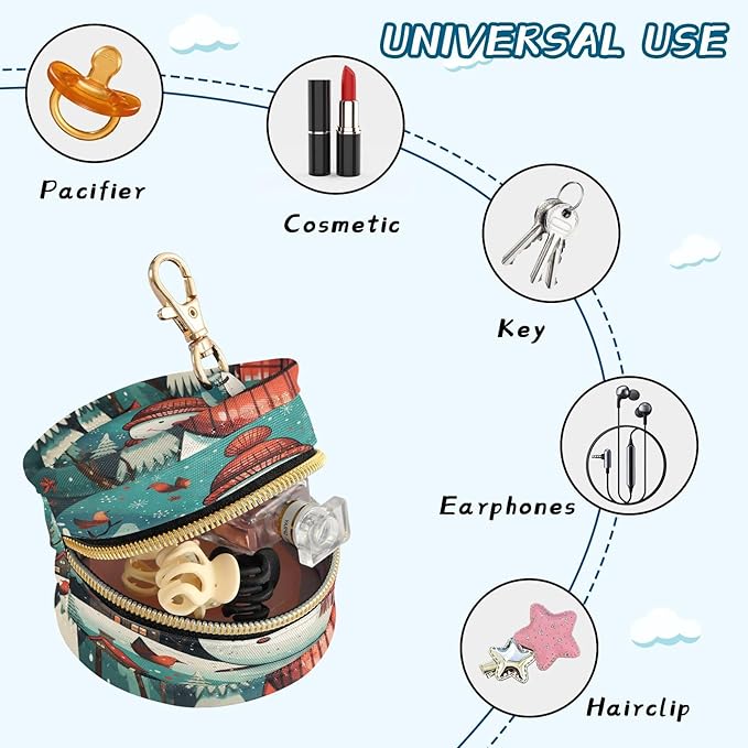Pacifier Holder with Clip Pacifier Case for Diaper Bag Round Baby Pacifier Pouch Box Bag Portable Christmas Snowman Blue