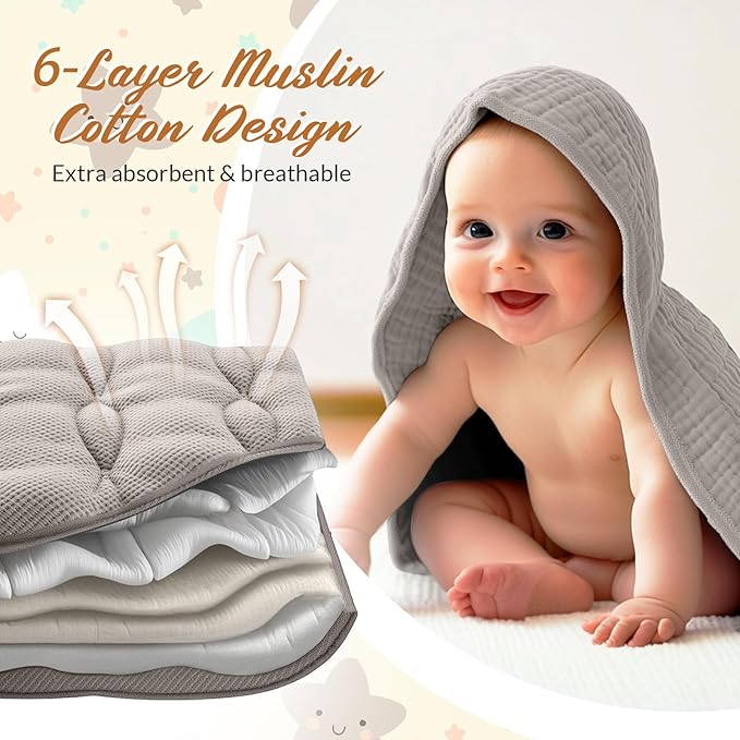 Hahafelt 6 Pcs Muslin Hooded Bath Towels Washcloths and Bibs Set, Muslin Cotton Baby Towels Absorbent Hooded Blanket Towel Infant Bibs for Boys Girls Newborn Infant Essential(Brown, Beige)