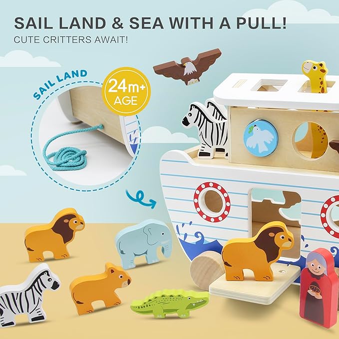 bpmfkid Noah's Ark Wooden Toy Set, Educational Wooden Animal Toys for Toddlers, Montessori Shape Sorter Educational Toys, Bible Story Engagement & Perfect Baptism, Christening Gift for 2-4 Y
