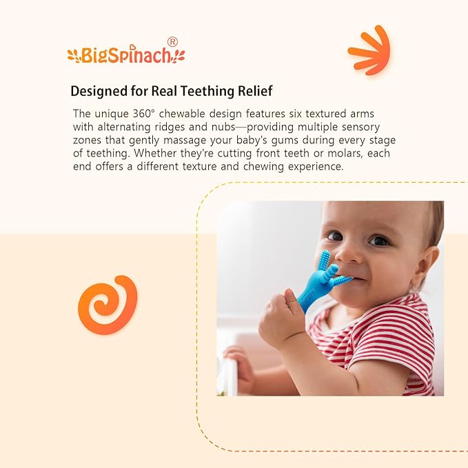 BIGSPINACH 3D Baby Teether, BPA-Free Multi-Texture Silicone Teething Stick Toy,360-Degree Textured Design, Easy-Grip Design for Infants and Toddlers (Grey, 3D)