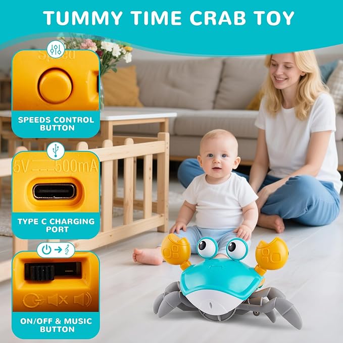 PintreeLand Crawling Crab Baby Toys Upgrade Version - 3 Speed & Music Control, Infant Tummy Time Interactive Walking Toddler Toy for 3 4 5 6 7 8 9 10 11 12 Year Old Boys or Girls (Blue)