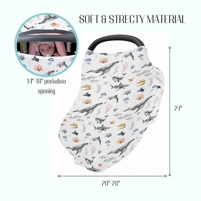 Baby Boys 5-in-1 Car Seat Covers Under Water Sea Animals, Ocean Creature Whale Fish Multi-use Privacy Nursing Breastfeeding Cover, Marine Life Carseat Canopy Carrier Newborn Infant Shower Gift