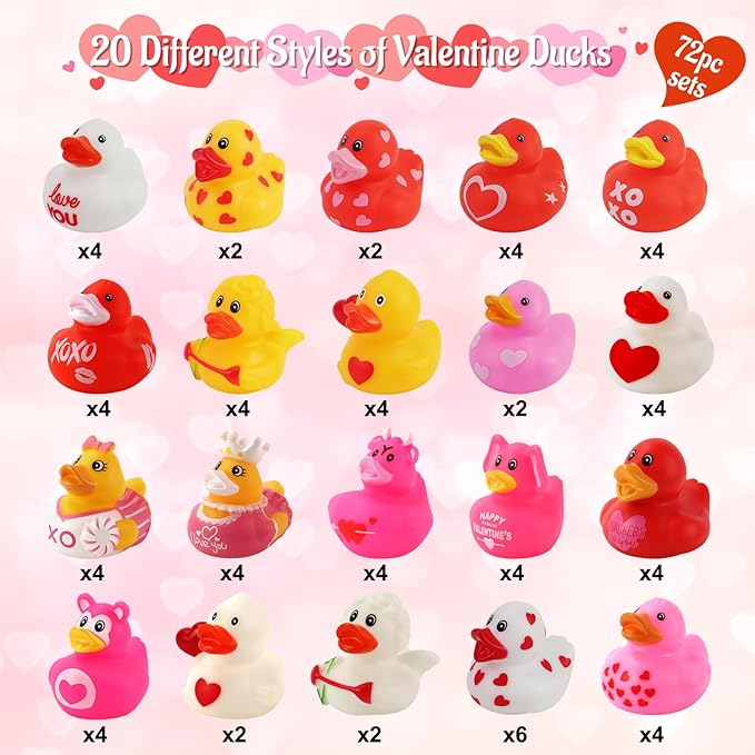 72 Pcs Valentine Rubber Ducks - Holiday Ducks Bag Fillers Ducking, Bathtub Toys, Party Favors, Classroom Game Prizes, Valentine Day Decorations