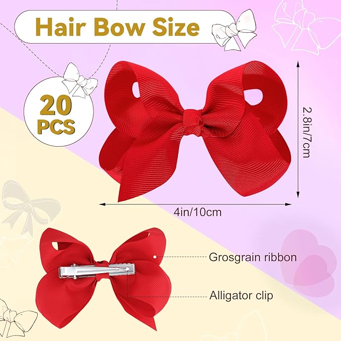 20Pcs 4" Hair Bows,Grosgrain Ribbon Solid Color Hair Bow with Alligator Clips,Hand-made Toddler Red Bows Hair Accessories for Girls Kids Children Little Teen (Red)