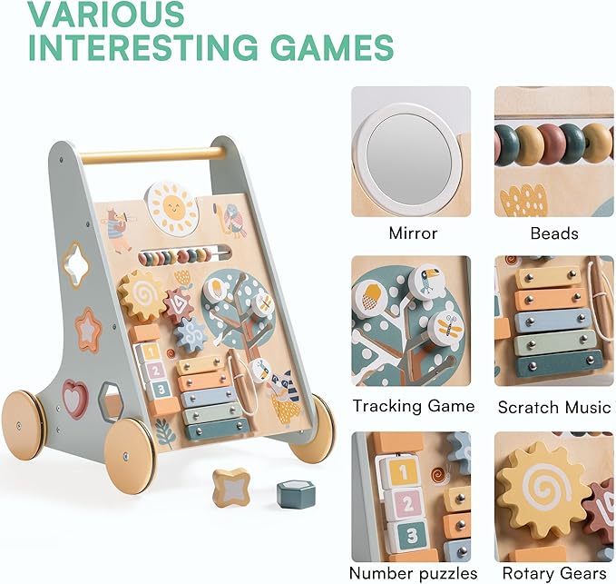 ROBOTIME Wooden Baby Walker, Wooden Push Walker with Wheels, Montessori Push Toys for Babies Learning to Walk, Baby Walkers Activity Center for Boys and Girls