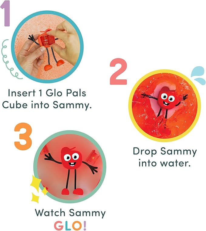New Glo Pals Water-Activated Bath Toy with 6 Reusable Light-Up Cubes for Sensory Play (Sammy)
