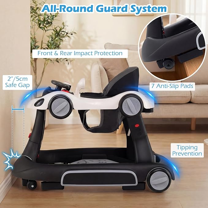 INFANS 6-in-1 Foldable Baby Walker, Converts Push Car to Bouncer, Rocker with Music, Lights, Adjustable Height & Speed, Activity Center, Canopy for 7-18 Months (Dark)