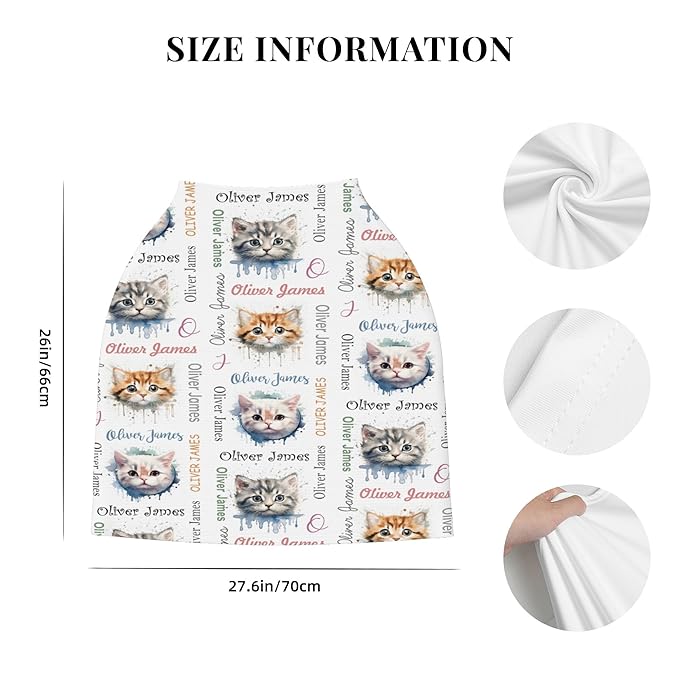 Personalized Car Seat Covers with Name, Cat Baby Canopy Carrier Cover, Breathable Breastfeeding Nursing Cover, Stretchy Multi-Use Infant Carseat Stroller Cover