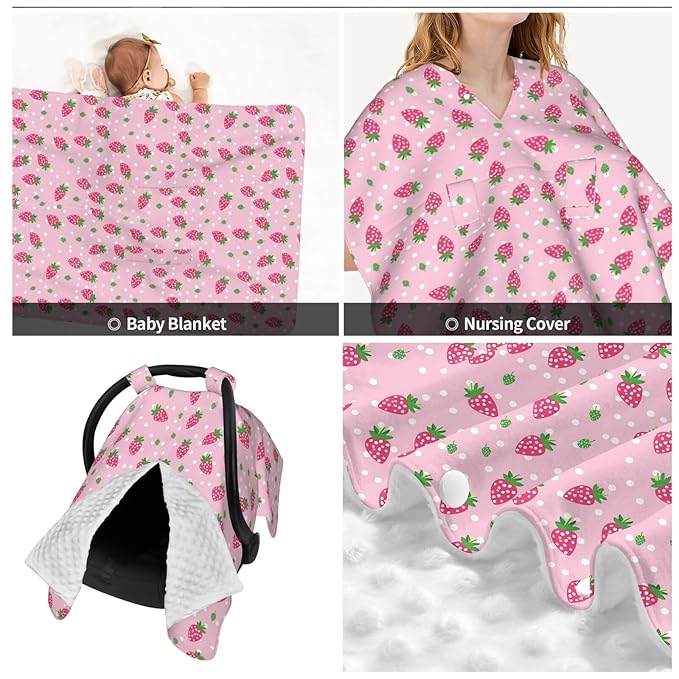 Pink and Green Strawberry Pattern Baby Car Seat Canopy and Nursing Cover for Breastfeeding Multi-Use Cover Lightweight Infant Stretchy Carrier Carseat Winter Cover for Newborn Girls Boys