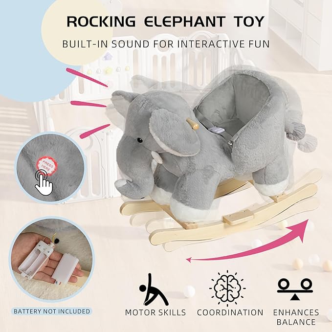 Elephant Baby Rocking Horse for Toddlers 1 Years to 3 Years, Stuffed Plush Ride-on Rocking Animal with Realistic Sound and Music, Wooden Rocking Horse with Seat, Grey Elephant, CPC Certified