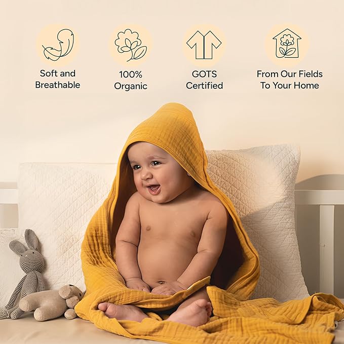 Hands-Free Hooded Towel Nintara Baby - 100% Organic Premium Muslin Cotton, 30" x 30", Ultra-Absorbent, Soft, Breathable, Hypoallergenic, Multipurpose, Gifts for Babies & Infants