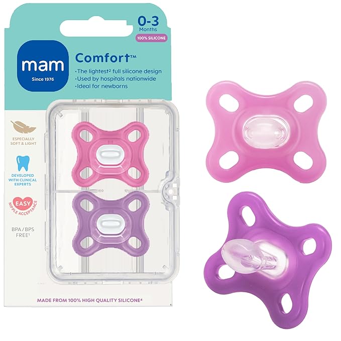 MAM Comfort Baby Pacifier 0-3 Months Specially for Smaller Newborn Mouths,Lightweight One-Piece BPA-Free Silicone, Easy to Clean, Best for Breastfed Babies, 2 Pk, Sterilizer Case, Made in Europe