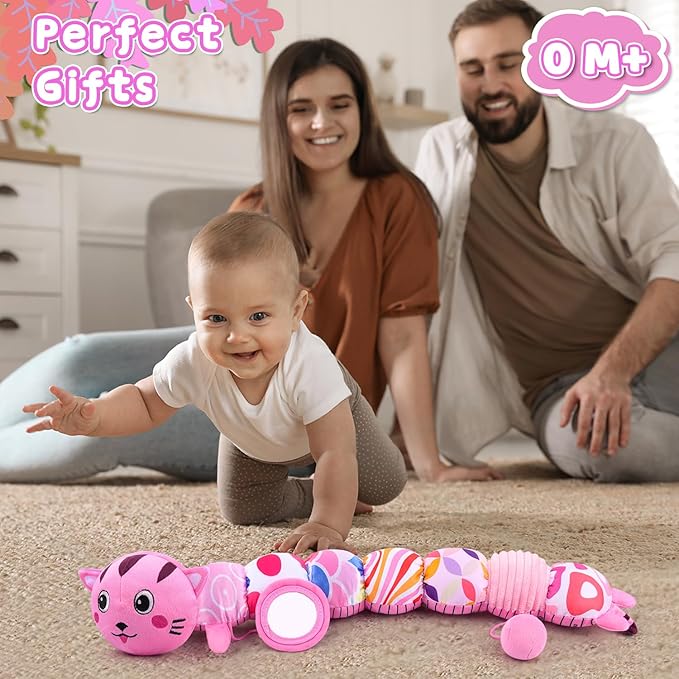 Baby Toys 0-6 6-12 Months, Stuffed Animal Infant Tummy Time Toys Sensory Toys with Crinkle Rattles Textures and Mirror Gifts for Newborn Boys Girls, Baby (Pink)