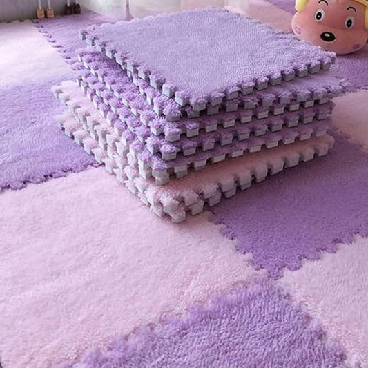 12pcs Plush Puzzle Foam Floor Mat, Soft Thicken Fluffy Interlocking Square Foam Tiles Area Rugs Carpet for Parlor Bedroom Decoration(11.8x11.8x0.55in,Purple&Pink)
