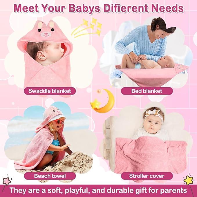 Sublaga 5 Pcs Baby Towels Set, 32x32 in Hooded Bath Towel, 3 Pcs Baby Washcloths and Muslin Baby Bibs for Newborns, Toddlers, and Kids, Baby Towels and Washcloths Set for Boys and Girls (Pink Rabbit)