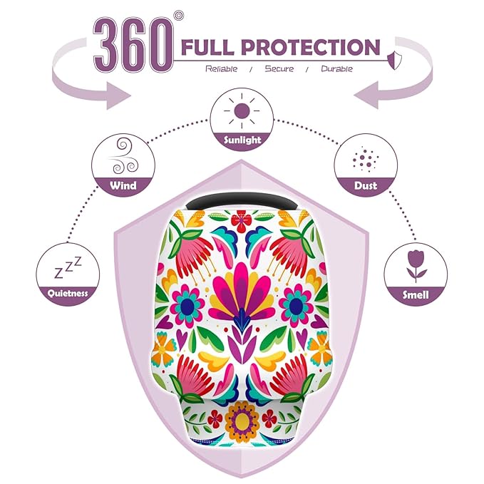 Baby Car Seat Stroller Covers Spring Mexican Flower Leaf Nursing Cover Breastfeeding Scarf Soft Breathable Stretchy Infant Car Canopy Coverage Carseat Cover for Boys and Girls Multi Use