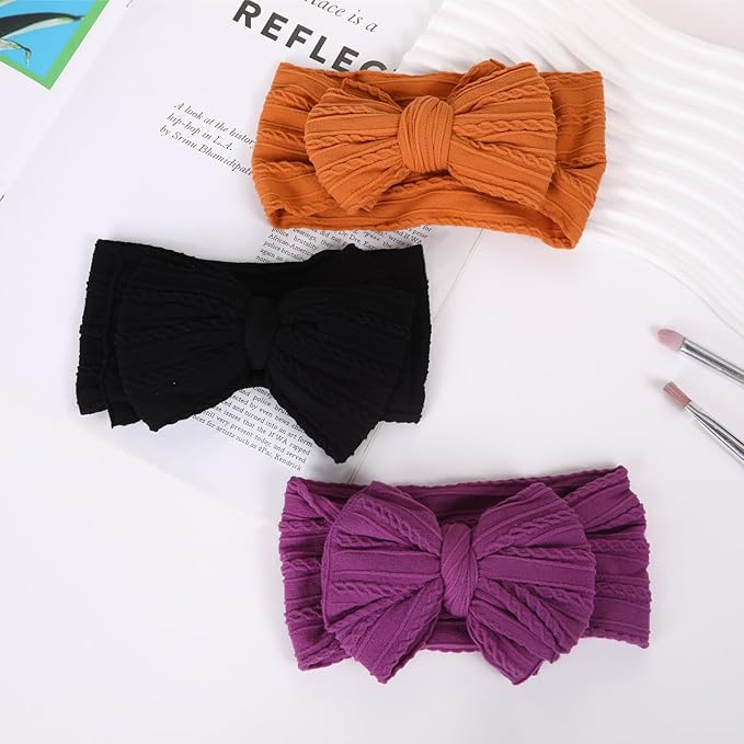 3 Pcs Halloween Baby Bows Headbands Soft Nylon Hairbands Super Elastic Headband Hair Accessories For Baby Girls Infant Toddler Essentials (Black Purple Orange, Mid)