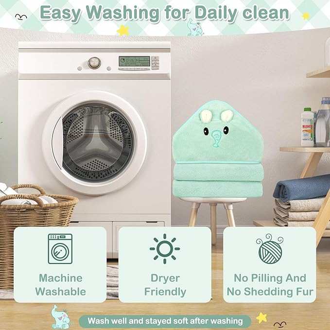 Sublaga 4 PCS Baby Towel Set, Hooded Bath Towel for Infants, Toddlers and Kids, Soft Animal Baby Bath Towels & 3 PCS Washcloths, 32x32 in Hooded Baby Bath Towel for Boy and Girl (Green Elephant)