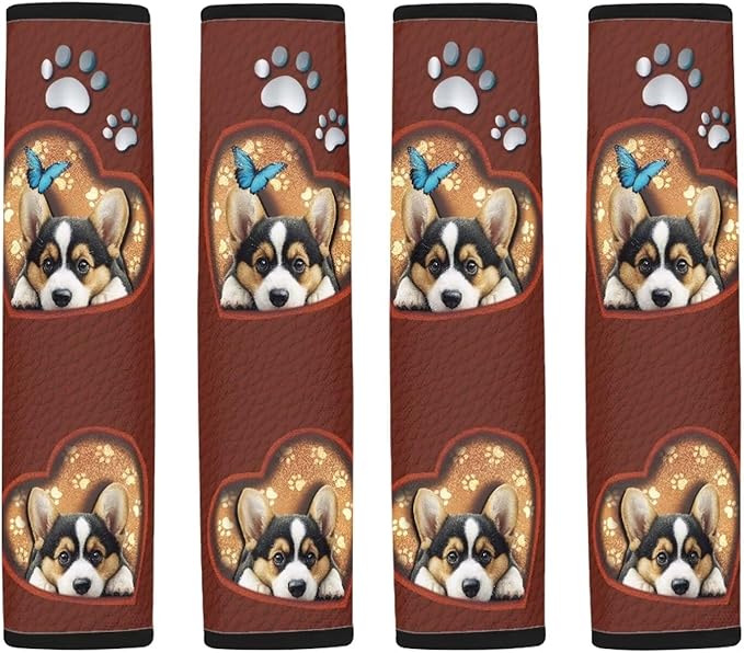 UNICEU Cute Corgi Dog Butterfly Seat Belt Cover Pad 2 Pack Set Soft Automotive Shoulder Pads for Dog Lover,Universal Fit Most Vehicle SUV Truck