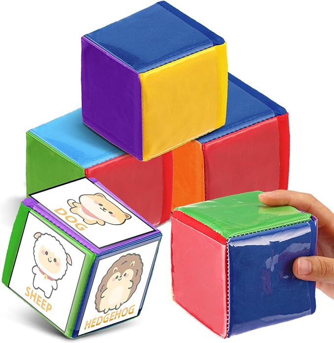 Yilloog 4 Pcs Large Foam Dice with Pockets DIY Education Playing Soft Dice Cube Learning Teaching Stacking Blocks Photo(3.94 Inch,Stylish Color)