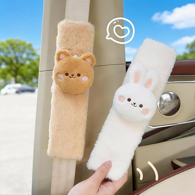 2 PCS Seat Belt Cover Pad, Cute Kawaii Animal Bear Seatbelt Covers for Kids and Adults, Winter Plush Fluffy Soft Seat Belt Cover, Cartoon Seatbelt Cushion,Car Seat Strap Pads (F-Bear)